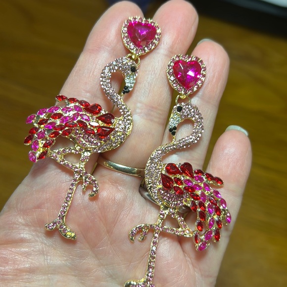Rhinestone Flamingo Drop Earrings - Picture 2 of 6